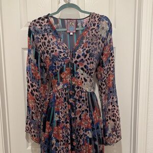 Johnny Was Vibrant Leopard and Floral Long Sleeve Dress